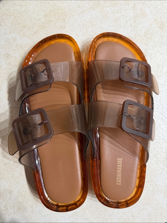 Cushionaire Shoes - Clear Brown Double-Buckle Slide Sandals